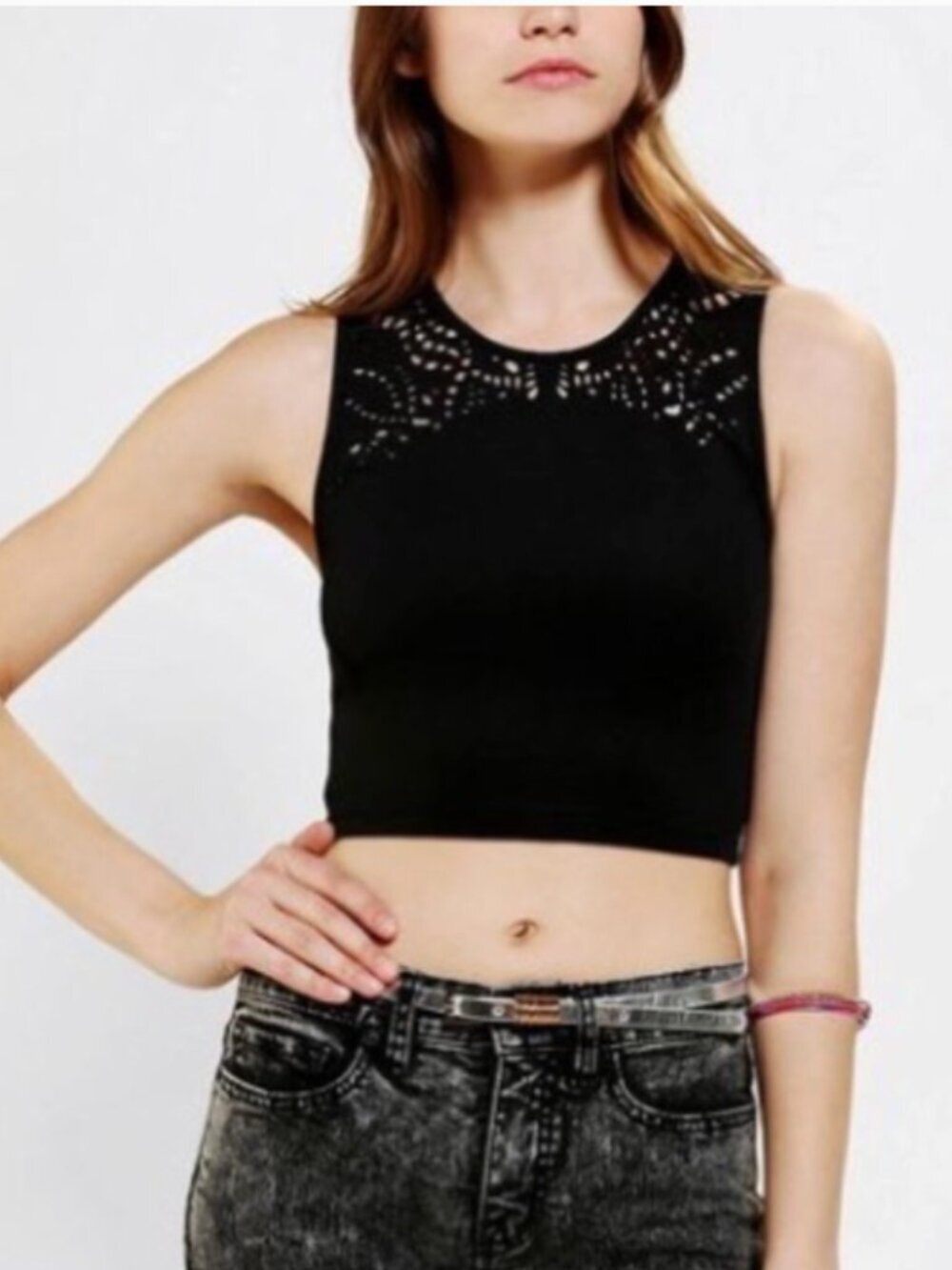 Sparkle & Fade Women's Size Medium Laser Cut Crop Top Black Zip Back High Neck